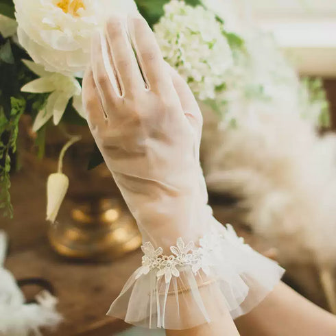White Bridal Tulle Wedding Gloves – Floral Ruffle Cuff Gloves